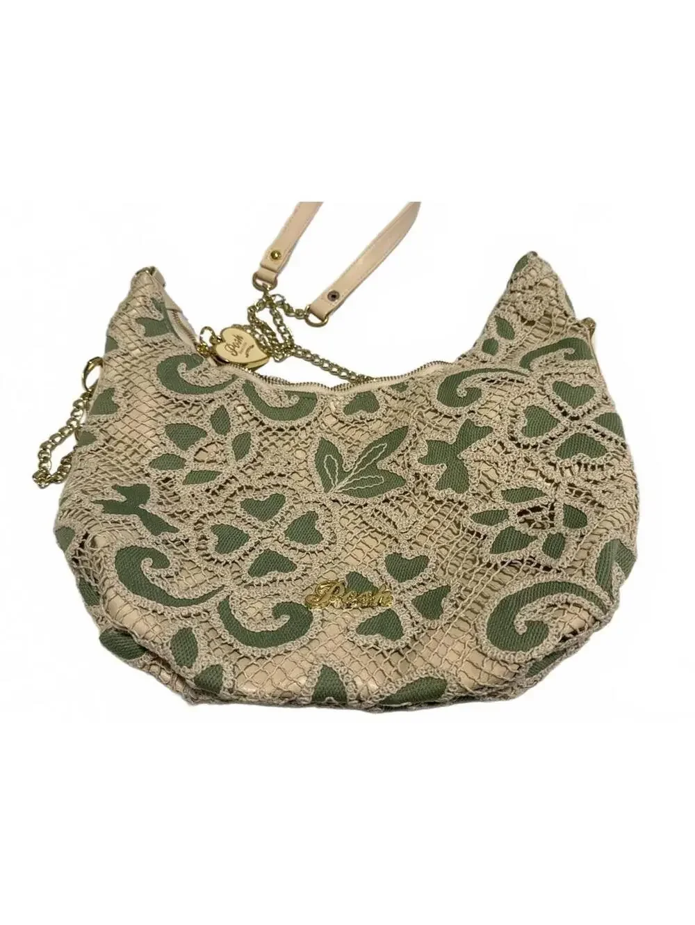 Beige and Green Lace Pattern Shoulder Bag
